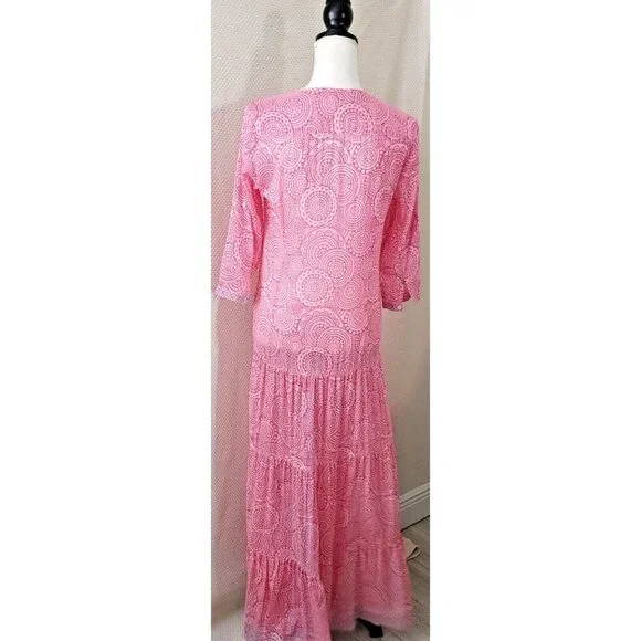 BELL By Alicia Bell Pink Tiered Maxi Dress Roll Tab Sleeves Button Front Size XS
